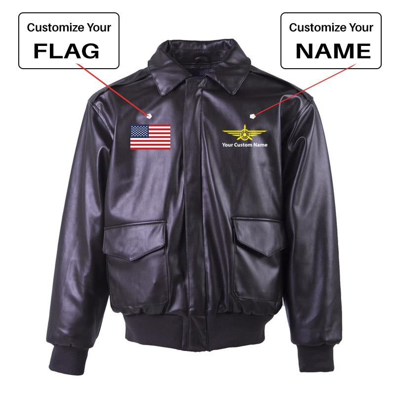 Custom Flag & Name with "Badge 3" Leather Bomber Jackets (NO Fur)