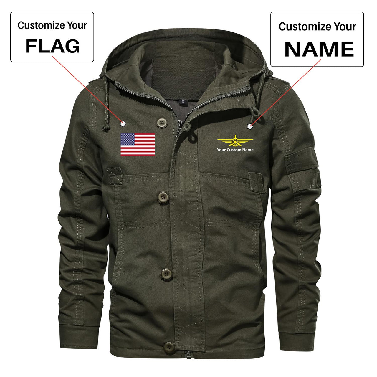 Custom Flag & Name "Badge 3" Designed Cotton Jackets