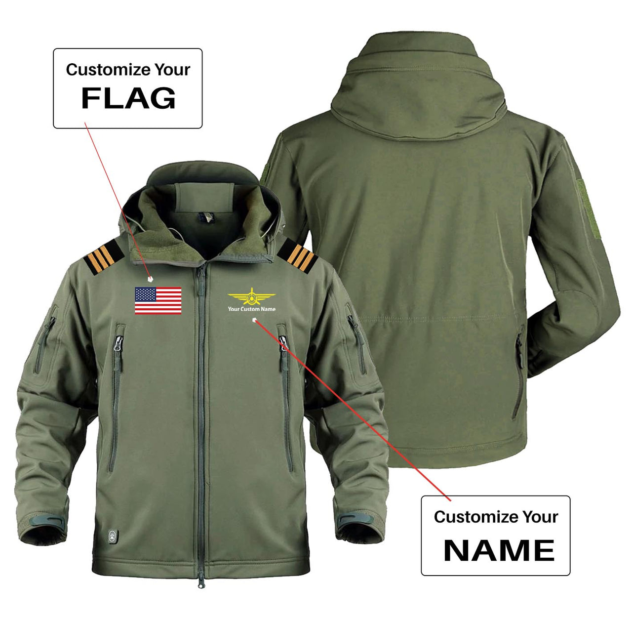 Custom Flag & Name with EPAULETTES (Badge 3) Military Pilot Jackets
