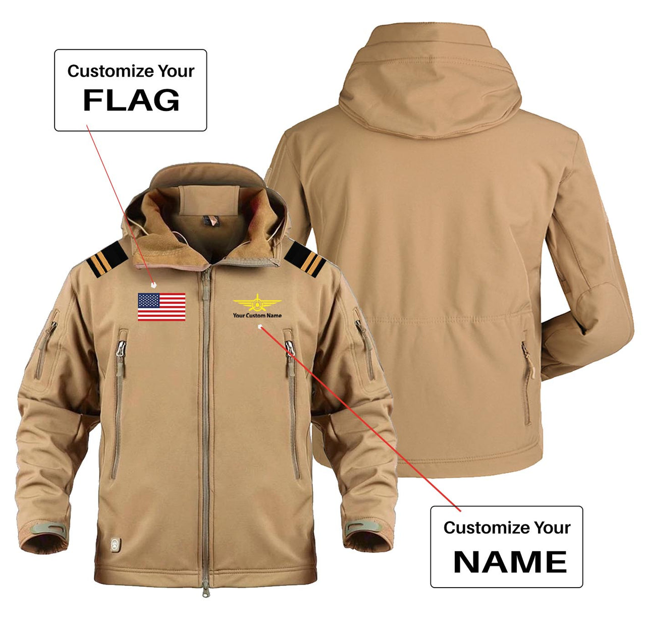 Custom Flag & Name with EPAULETTES (Badge 3) Military Pilot Jackets