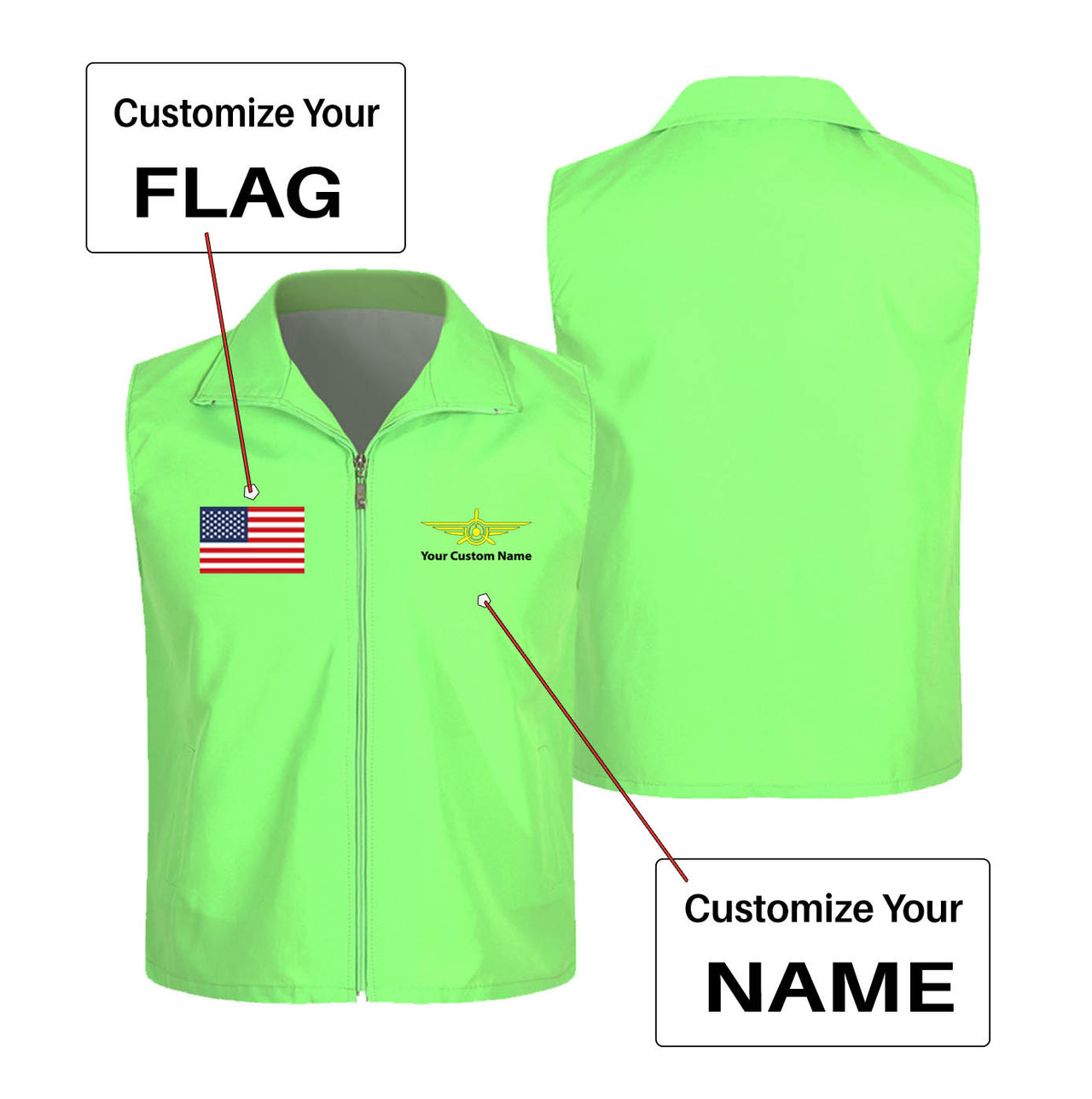 Custom Flag & Name with "Badge 3" Designed Thin Style Vests