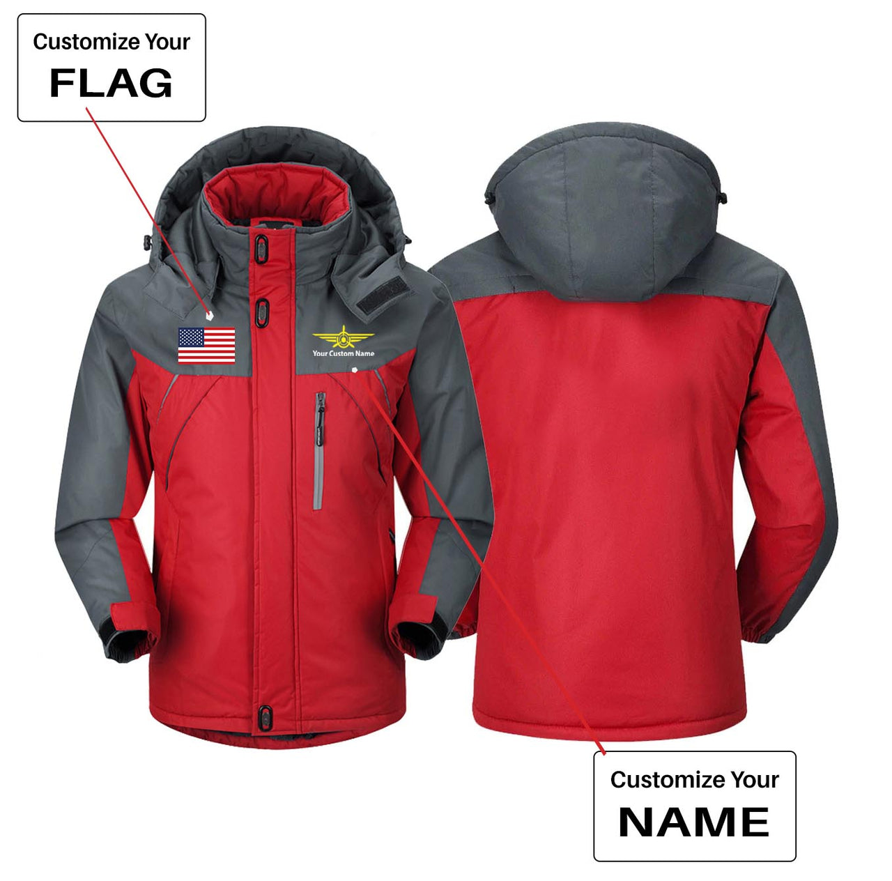 Custom Flag & Name with "Badge 3" Designed Thick Winter Jackets