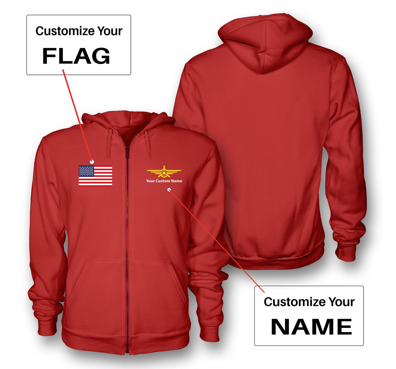 Custom Flag & Name with "Badge 3" Designed Zipped Hoodies