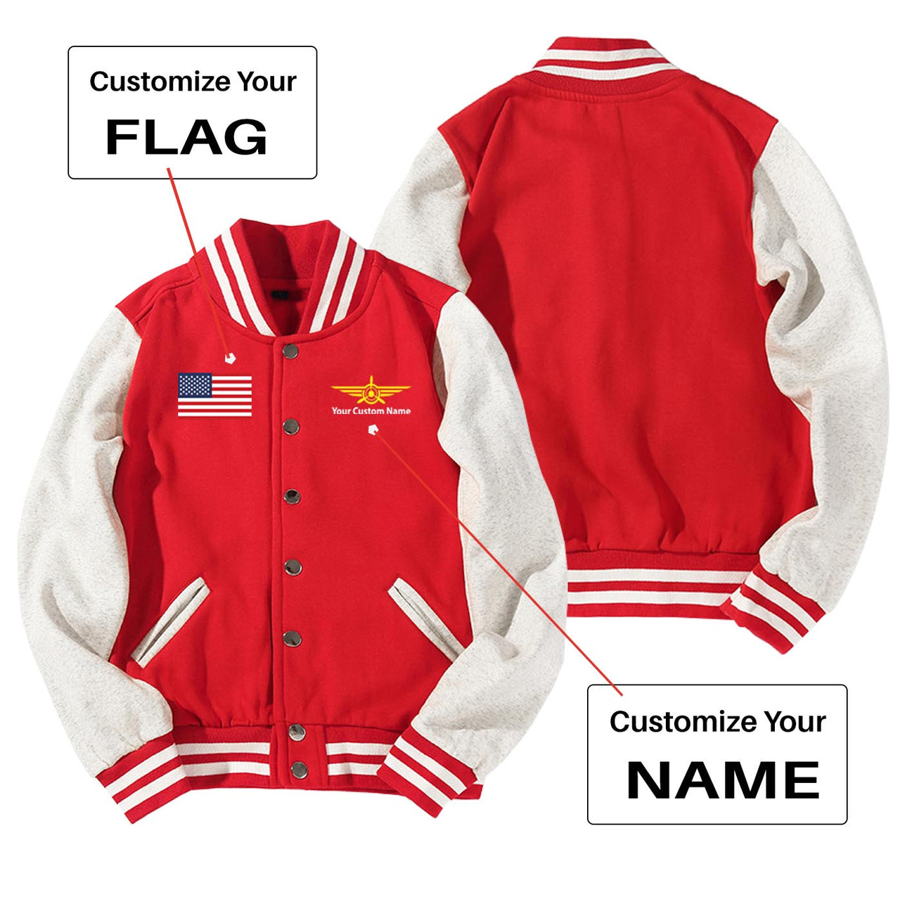 Custom Flag & Name with "Badge 3" Designed Baseball Style Jackets
