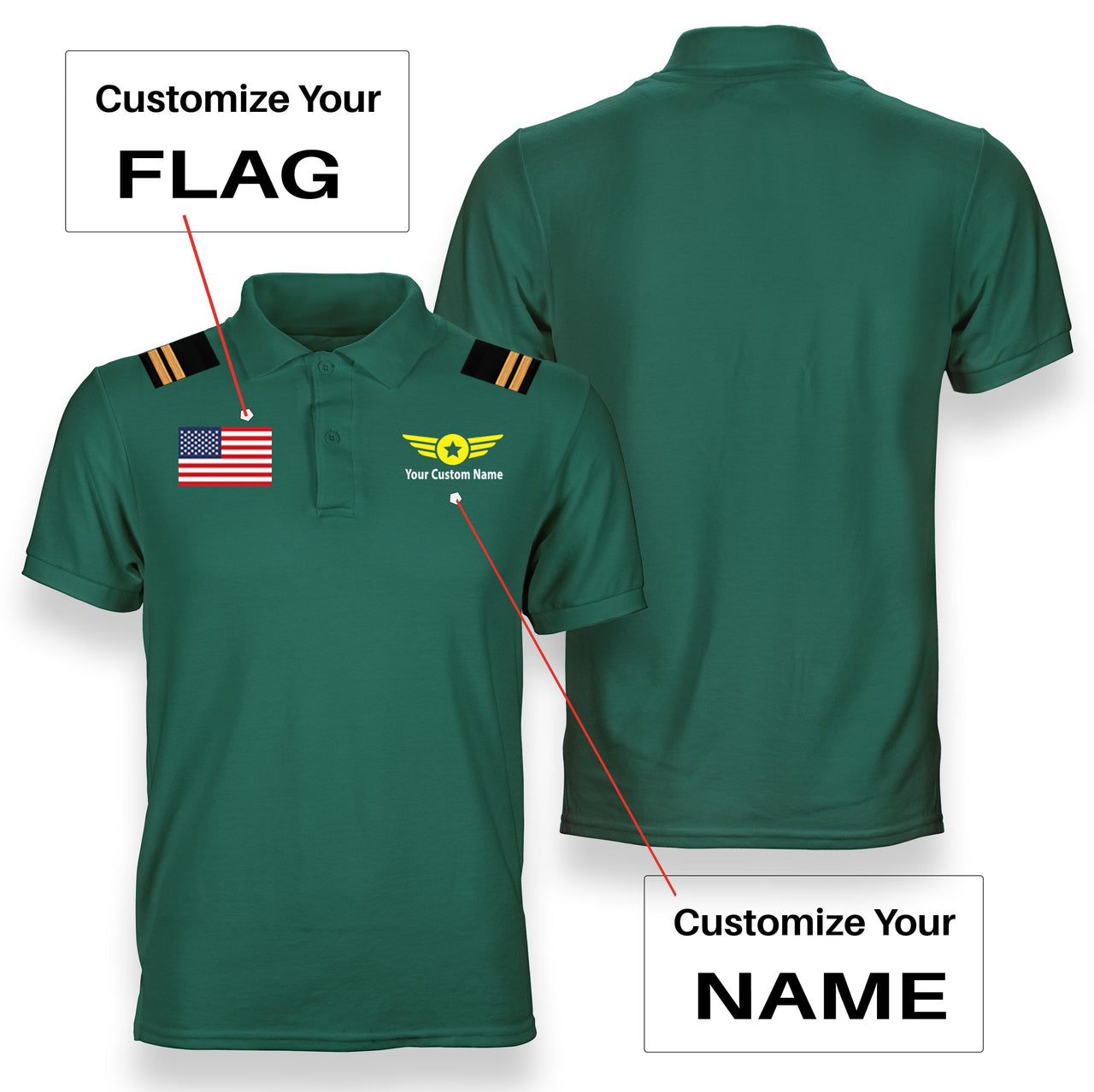 Custom Flag & Name (Badge 4) + Epaulettes Designed Polo T-Shirts