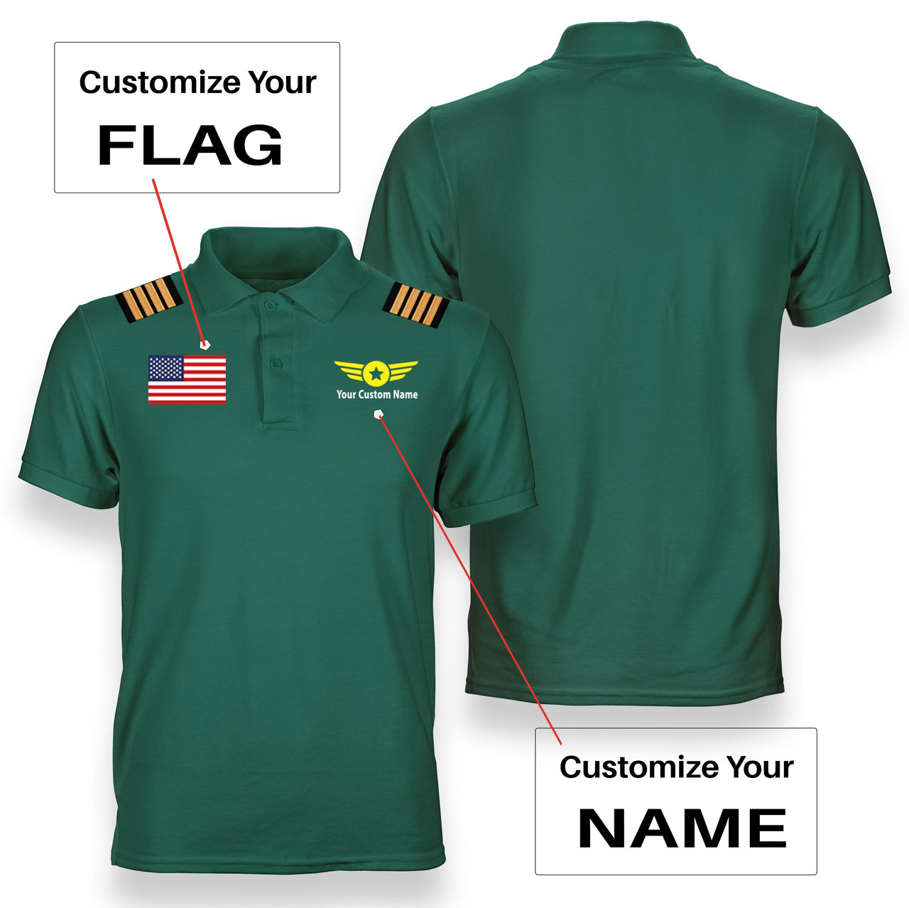 Custom Flag & Name (Badge 4) + Epaulettes Designed Polo T-Shirts