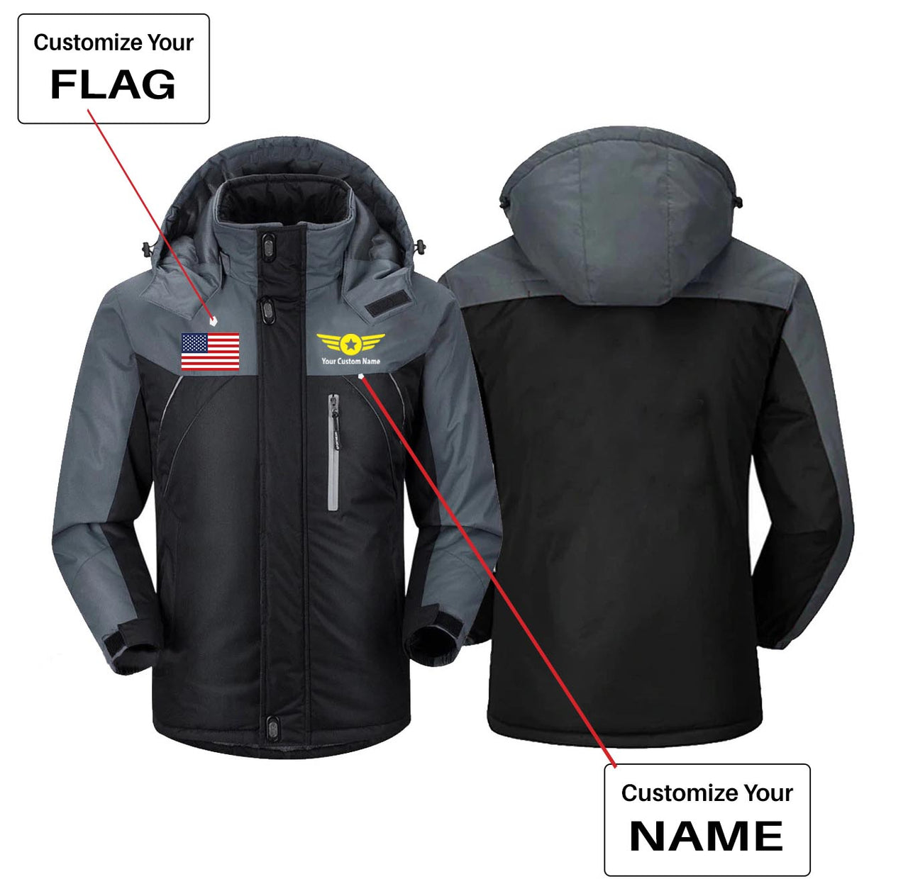 Custom Flag & Name with "Badge 4" Designed Thick Winter Jackets