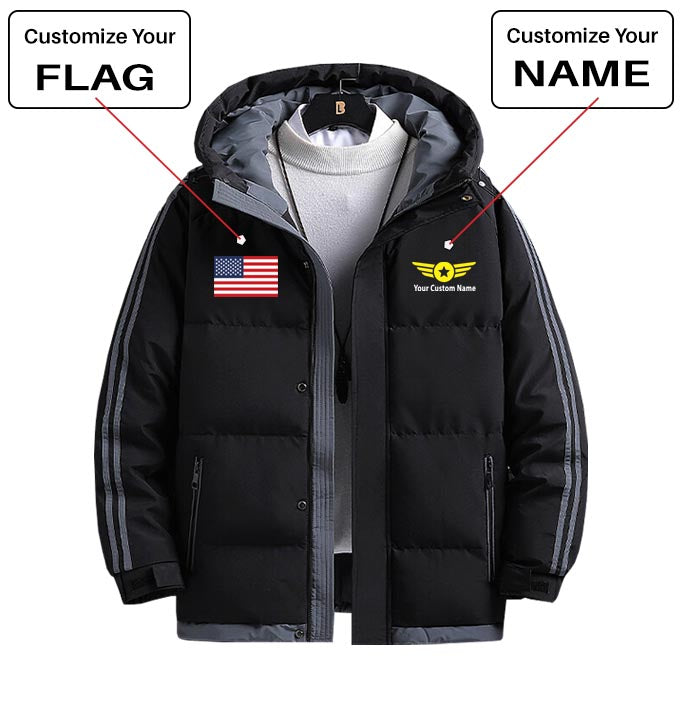 Custom Flag & Name with "Badge 4" Designed Thick Fashion Jackets
