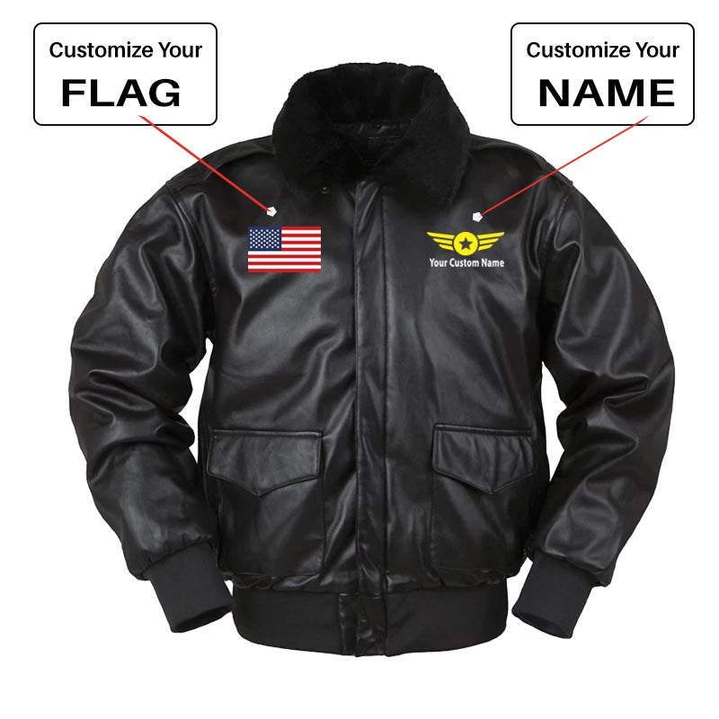 Custom Flag & Name with "Badge 4" Designed Leather Bomber Jackets