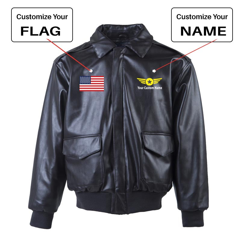 Custom Flag & Name with "Badge 4" Leather Bomber Jackets (NO Fur)