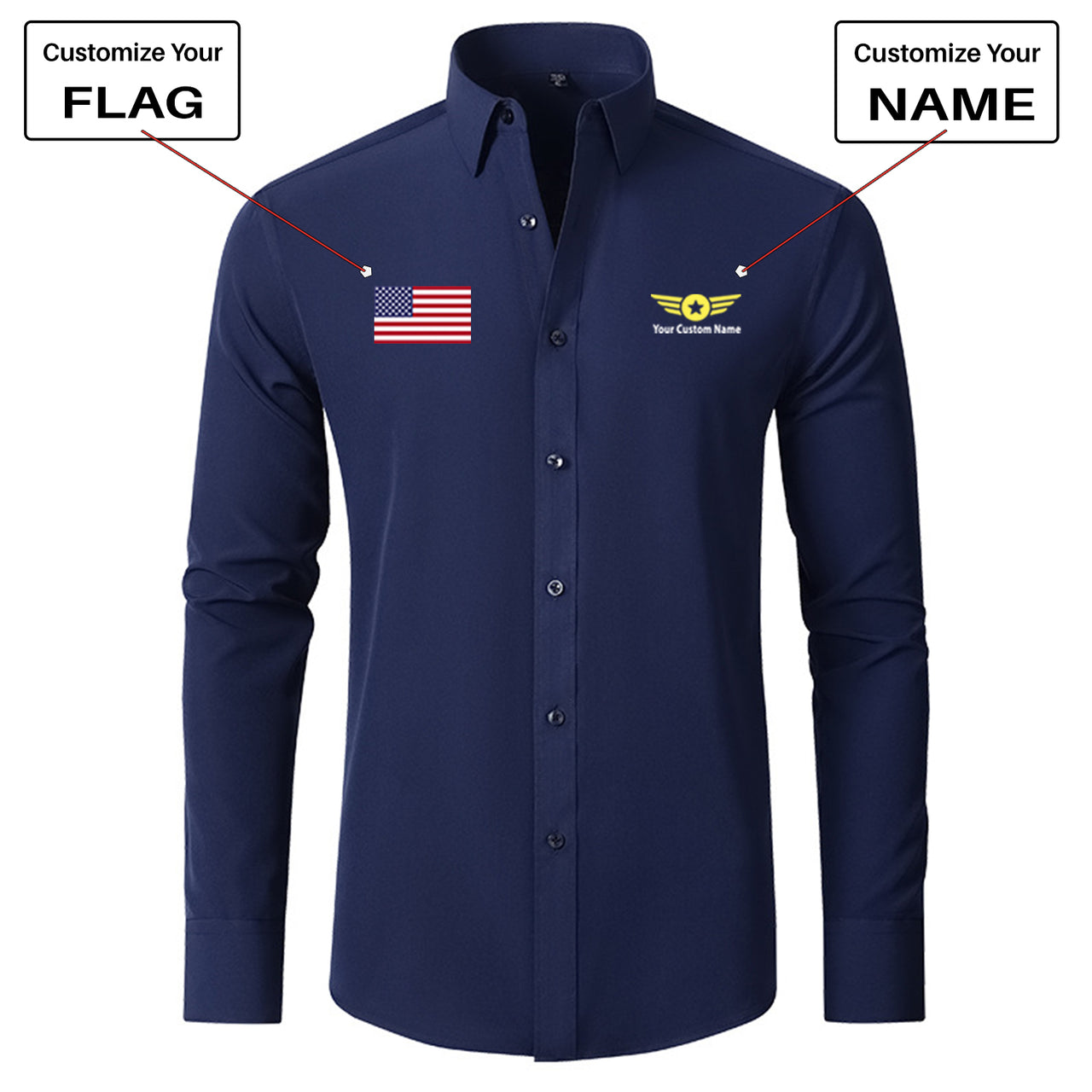 Custom Flag & Name "Badge 4" Long Sleeve Shirts