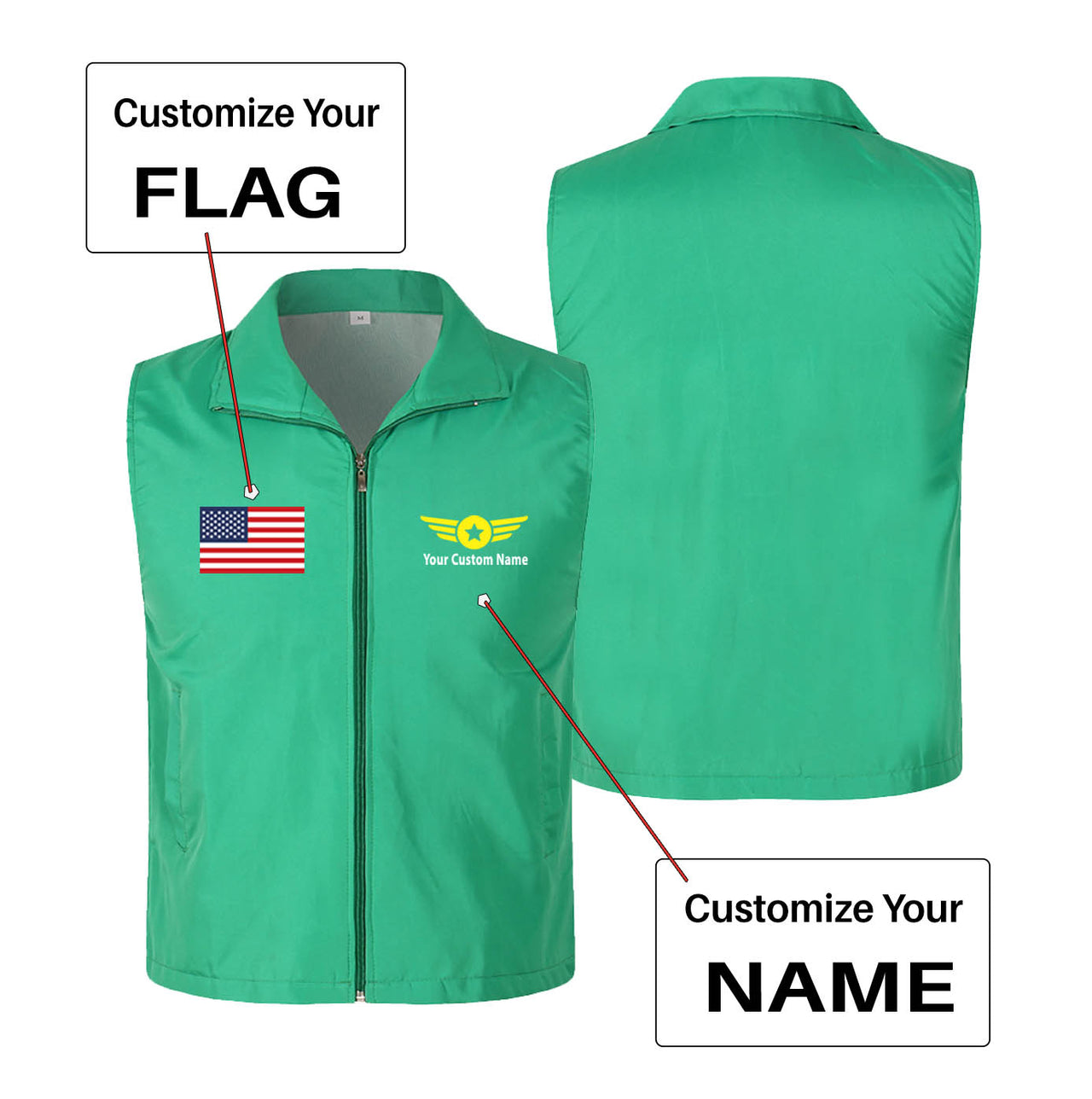 Custom Flag & Name with "Badge 4" Designed Thin Style Vests