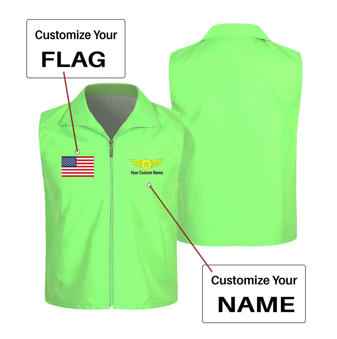 Custom Flag & Name with "Badge 4" Designed Thin Style Vests