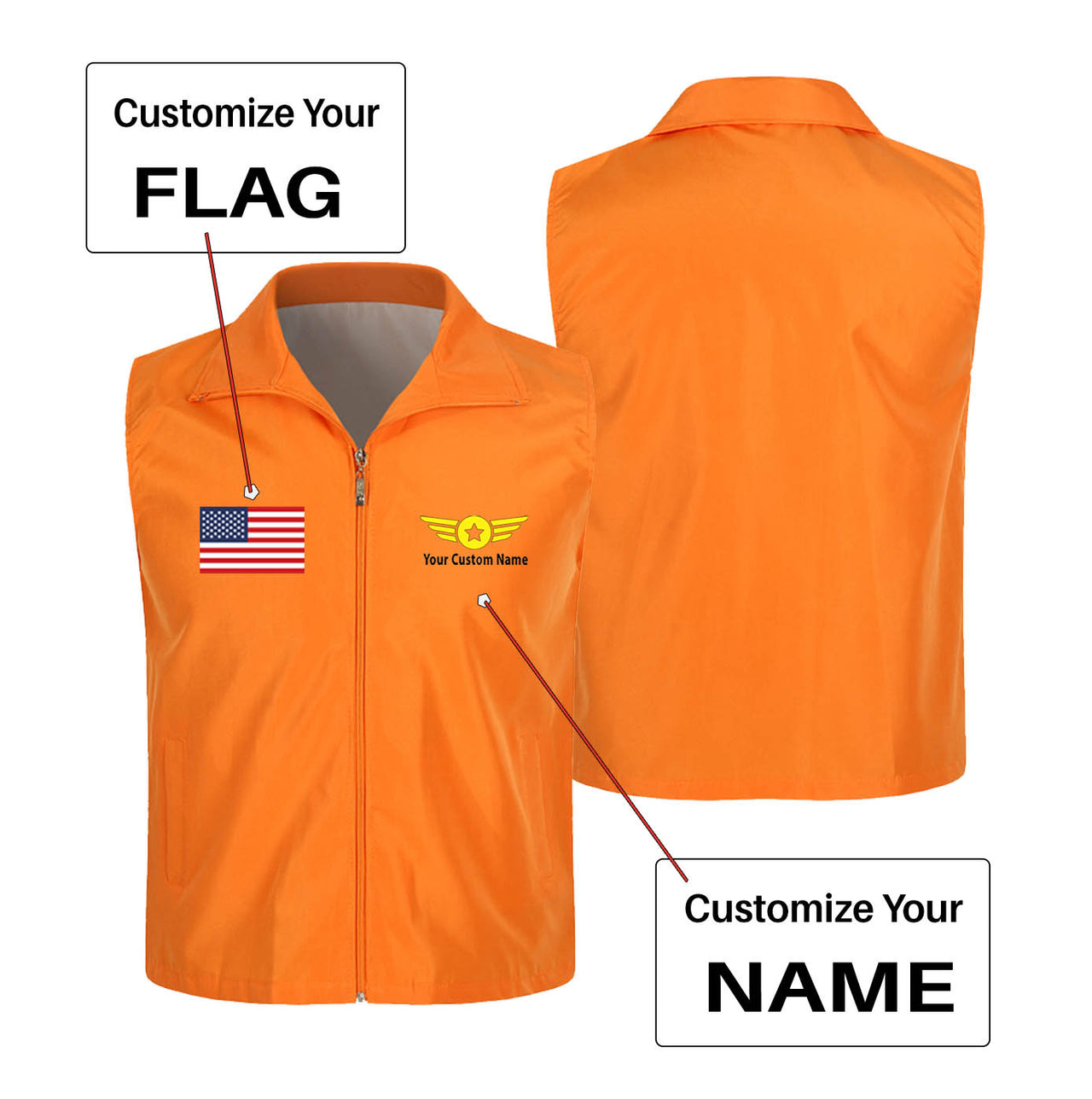 Custom Flag & Name with "Badge 4" Designed Thin Style Vests