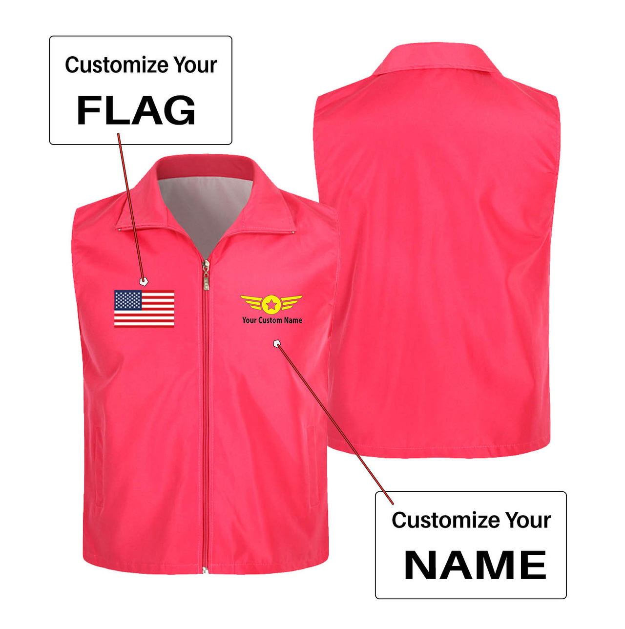 Custom Flag & Name with "Badge 4" Designed Thin Style Vests