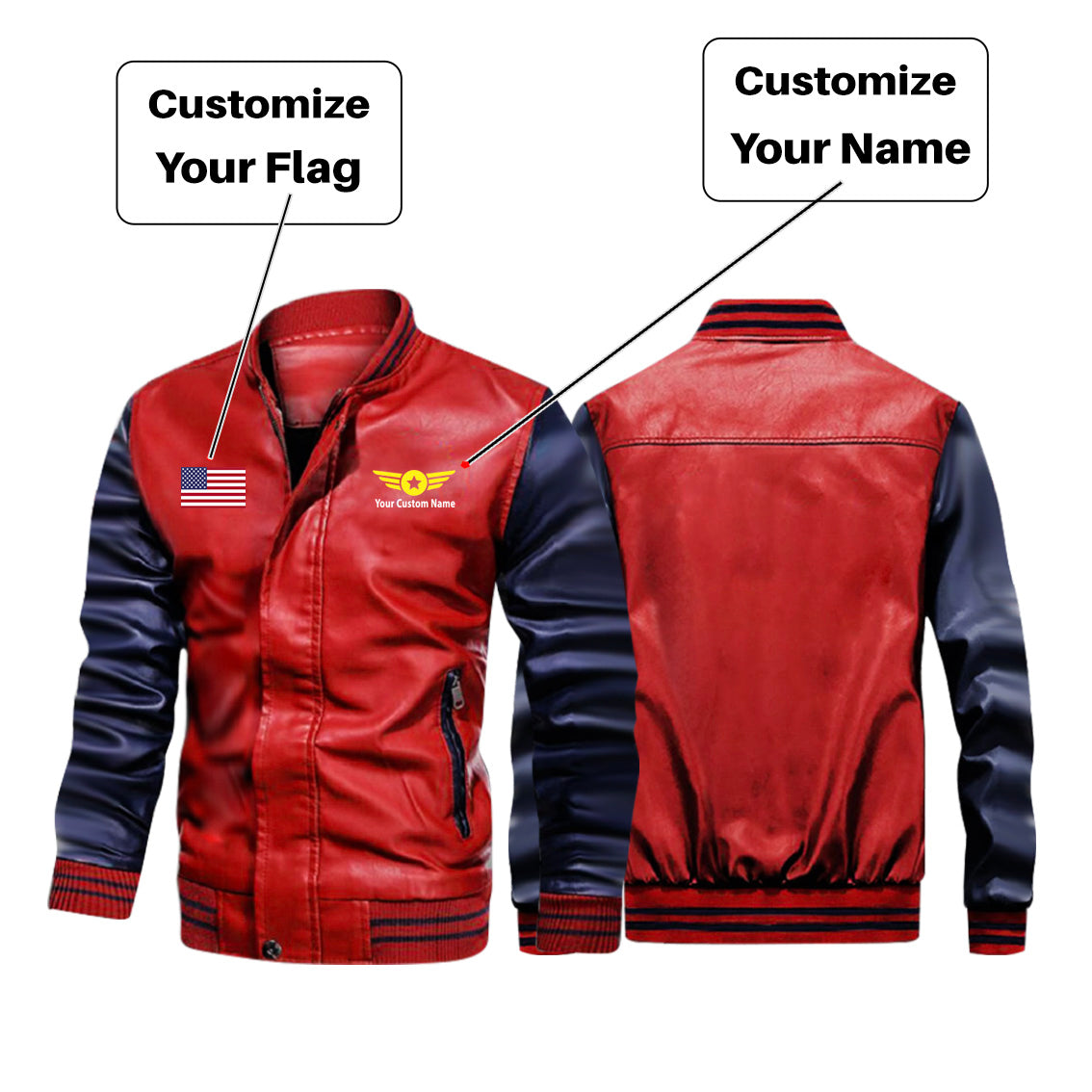 Custom Flag & Name "Badge 4" Stylish Leather Bomber Jackets