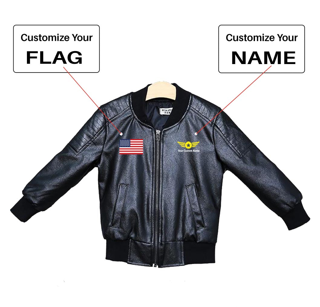 Custom Flag & Name with "Badge 4" Children Leather Jackets
