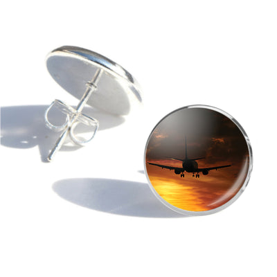 Beautiful Aircraft Landing at Sunset aviation-themed stud earrings, polished stainless steel.