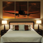 Beautiful Aircraft Landing at Sunset Printed Canvas Posters (3 Pieces) Aviation Shop 