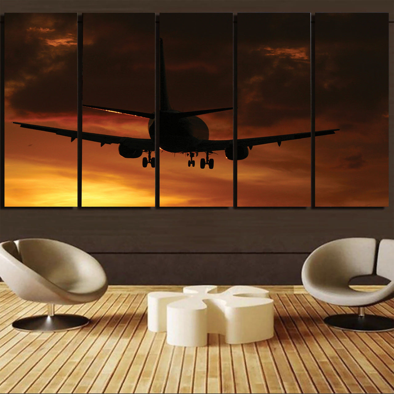 Beautiful Aircraft Landing at Sunset Printed Canvas Prints (5 Pieces) Aviation Shop 