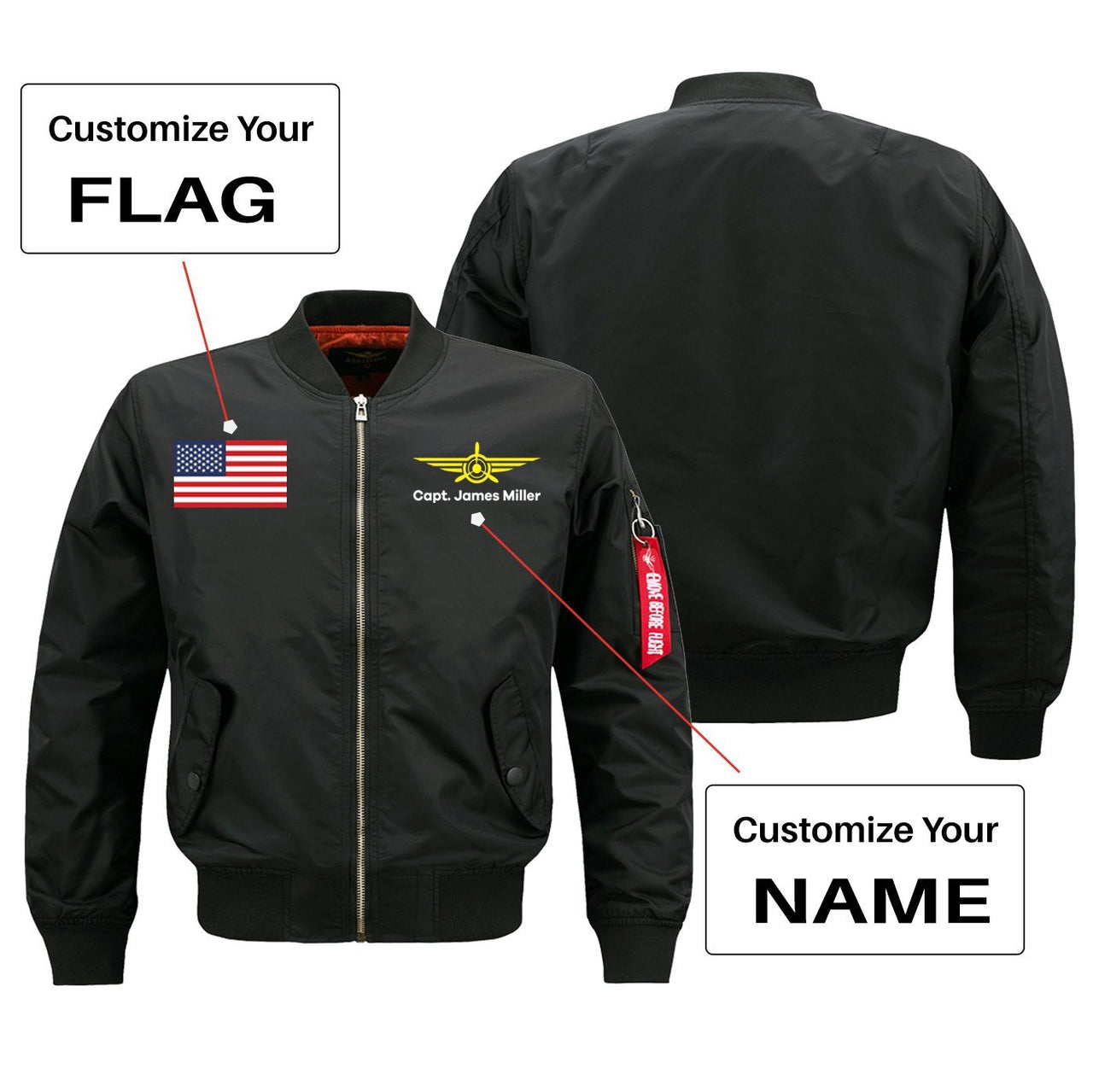 Custom Flag & Name with Badge 3 Designed Pilot Jackets Pilot Eyes Store Black (Thin) S (US XXS) 