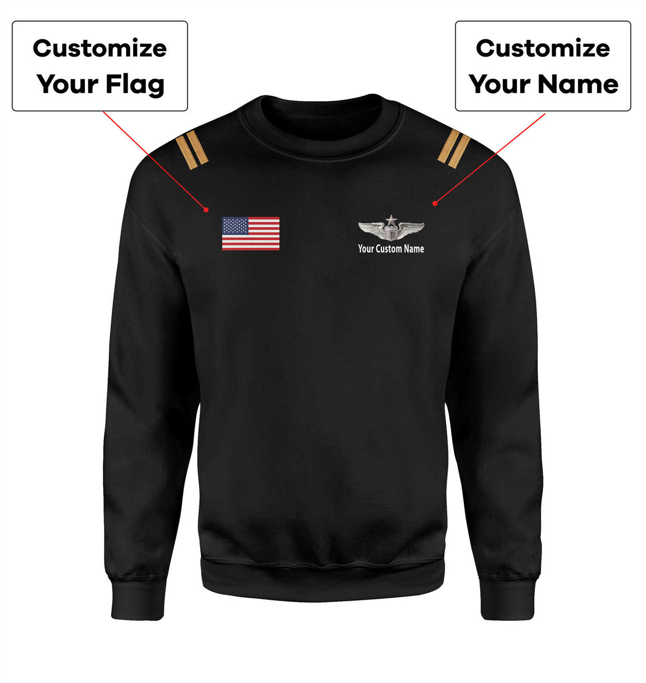 Custom Flag & Name with EPAULETTES (US Air Force & Star) Designed 3D Sweatshirts