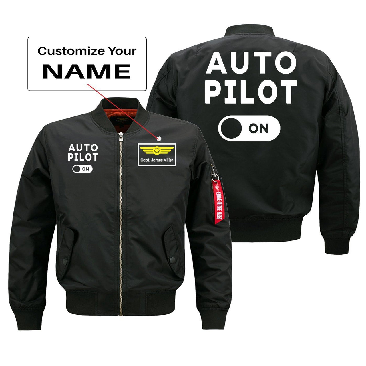 Auto Pilot ON Designed Pilot Jackets (Customizable) Pilot Eyes Store Black (Thin) + Name M (US XS) 