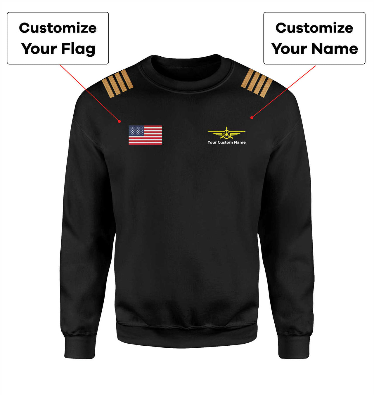 Custom Flag & Name with EPAULETTES (Badge 3) Designed 3D Sweatshirts