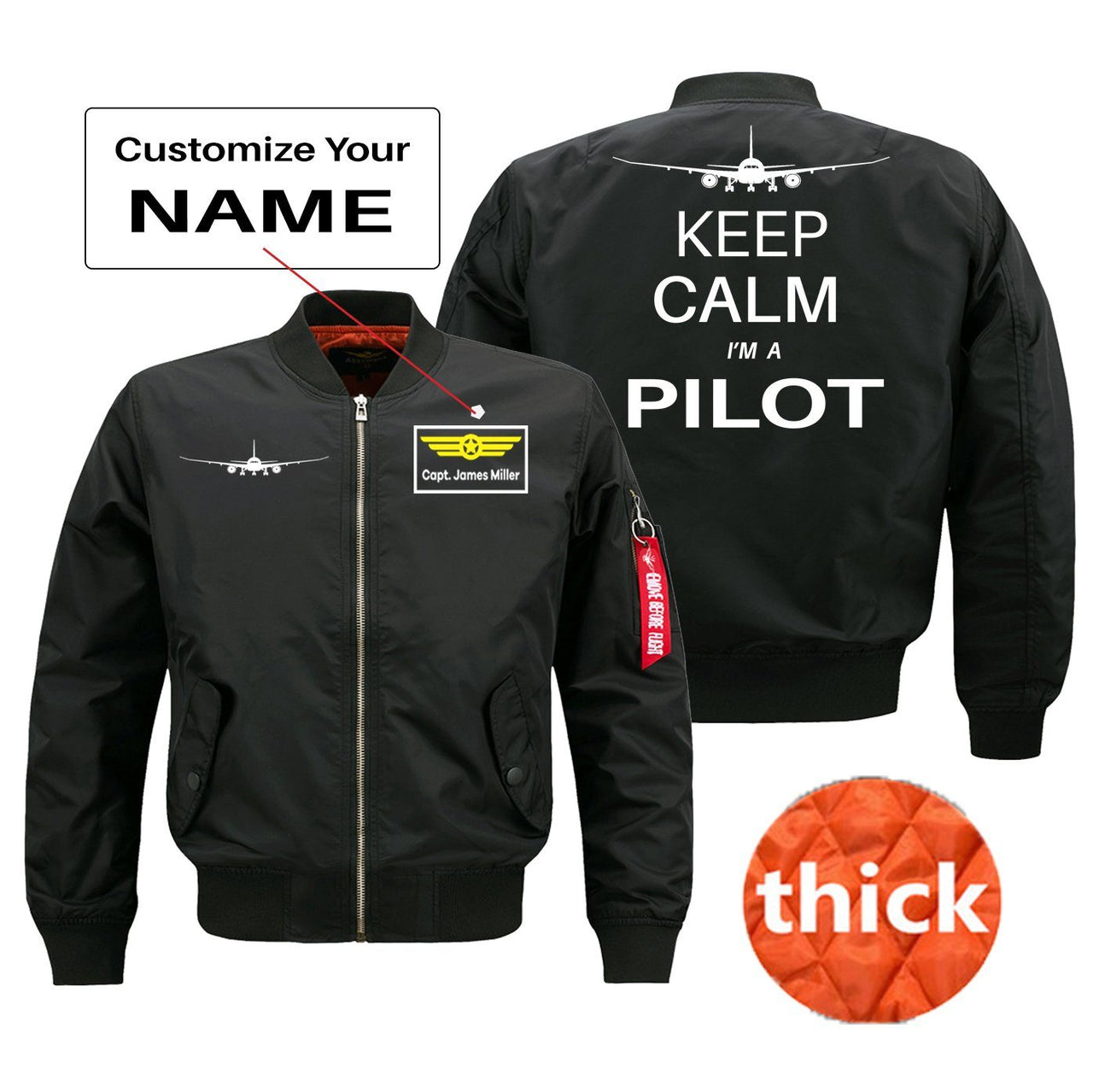 Keep Calm I'm a Pilot Designed Pilot Jackets (Customizable) Pilot Eyes Store Black (Thick) + Name M (US XS) 
