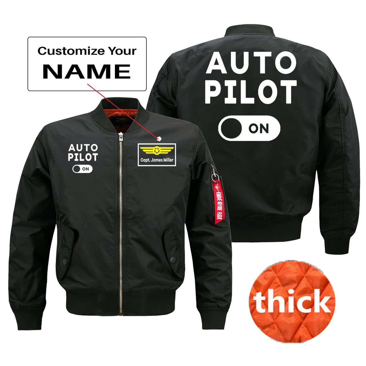 Auto Pilot ON Designed Pilot Jackets (Customizable) Pilot Eyes Store Black (Thick) + Name M (US XS) 