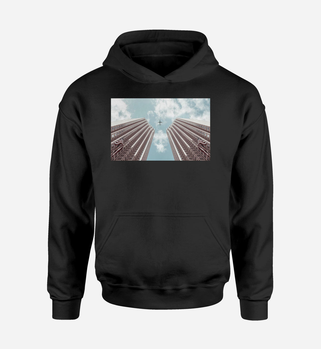 Airplane Flying over Big Buildings Designed Hoodies