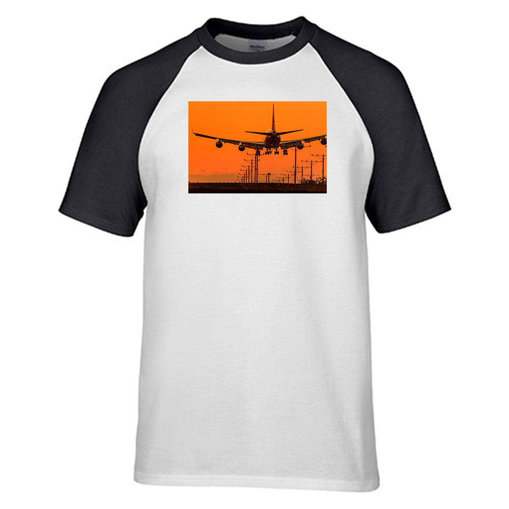 Close up to Boeing 747 Landing at Sunset Designed Raglan T-Shirts