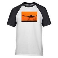 Thumbnail for Close up to Boeing 747 Landing at Sunset Designed Raglan T-Shirts