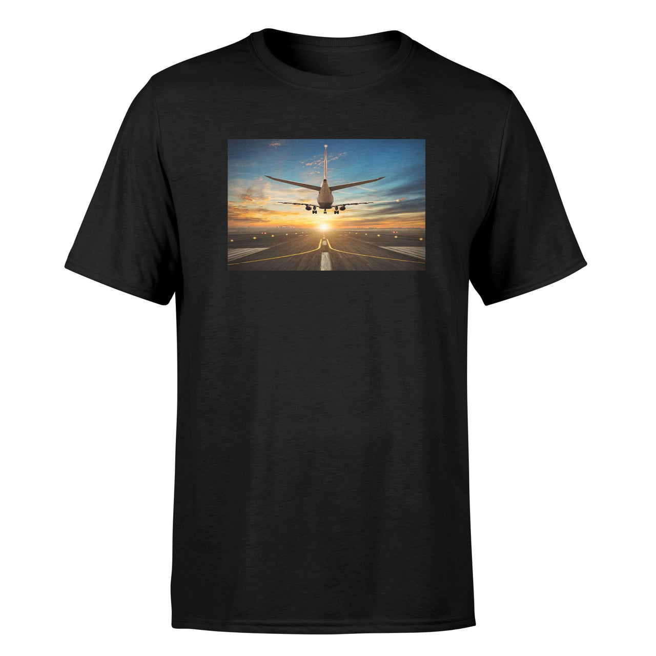 Airplane over Runway Towards the Sunrise Designed T-Shirts