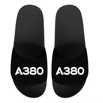 Airbus A380 Flat Text aviation design on durable rubber sole with cushion sport slippers.