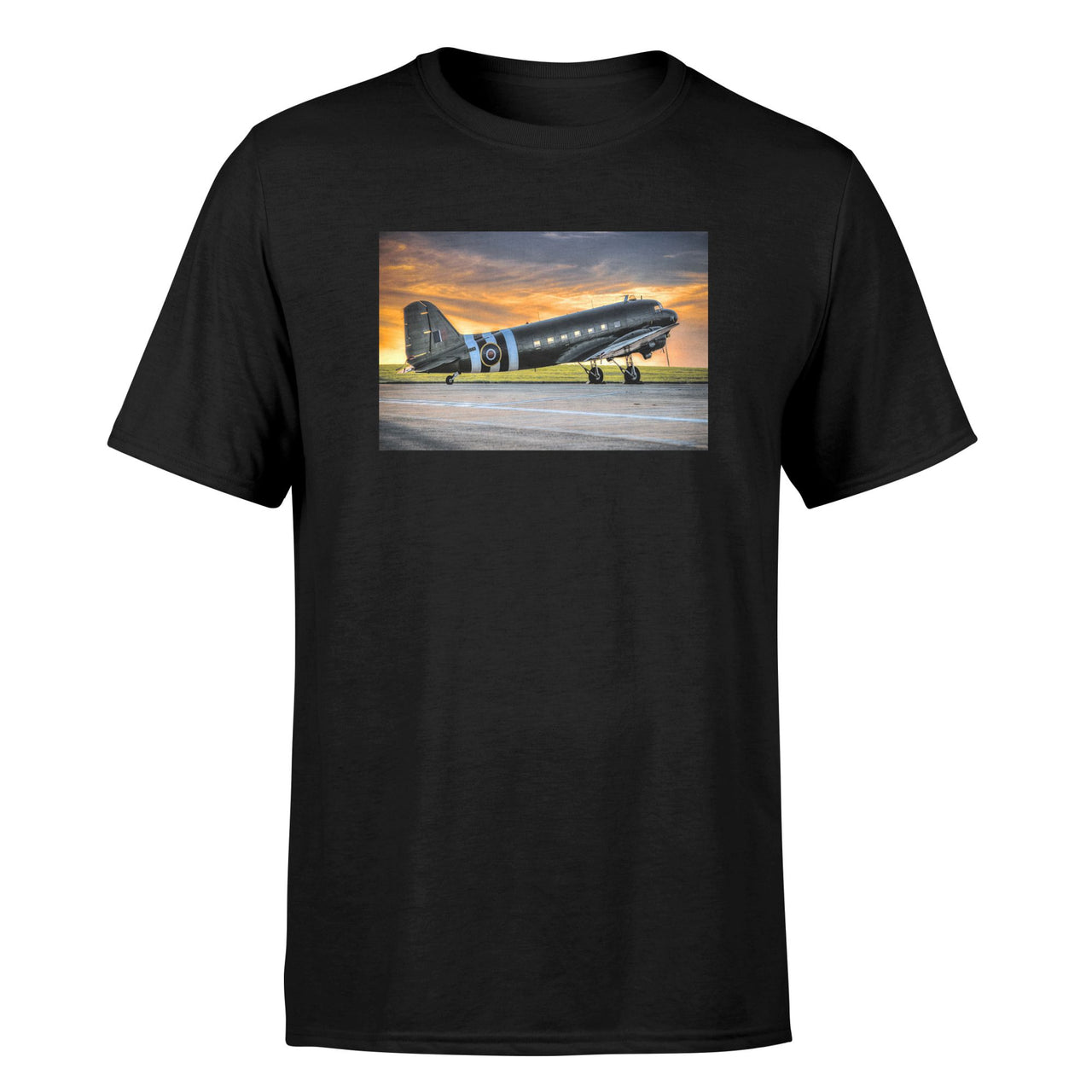 Old Airplane Parked During Sunset Designed T-Shirts