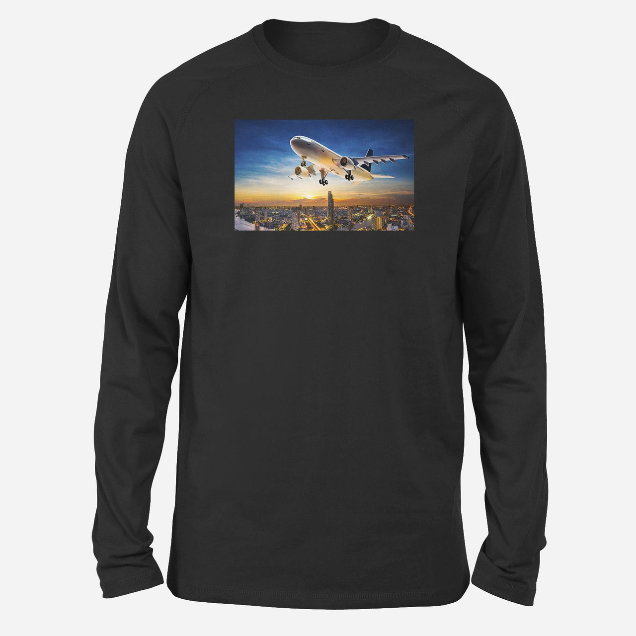 Super Aircraft over City at Sunset Designed Long-Sleeve T-Shirts