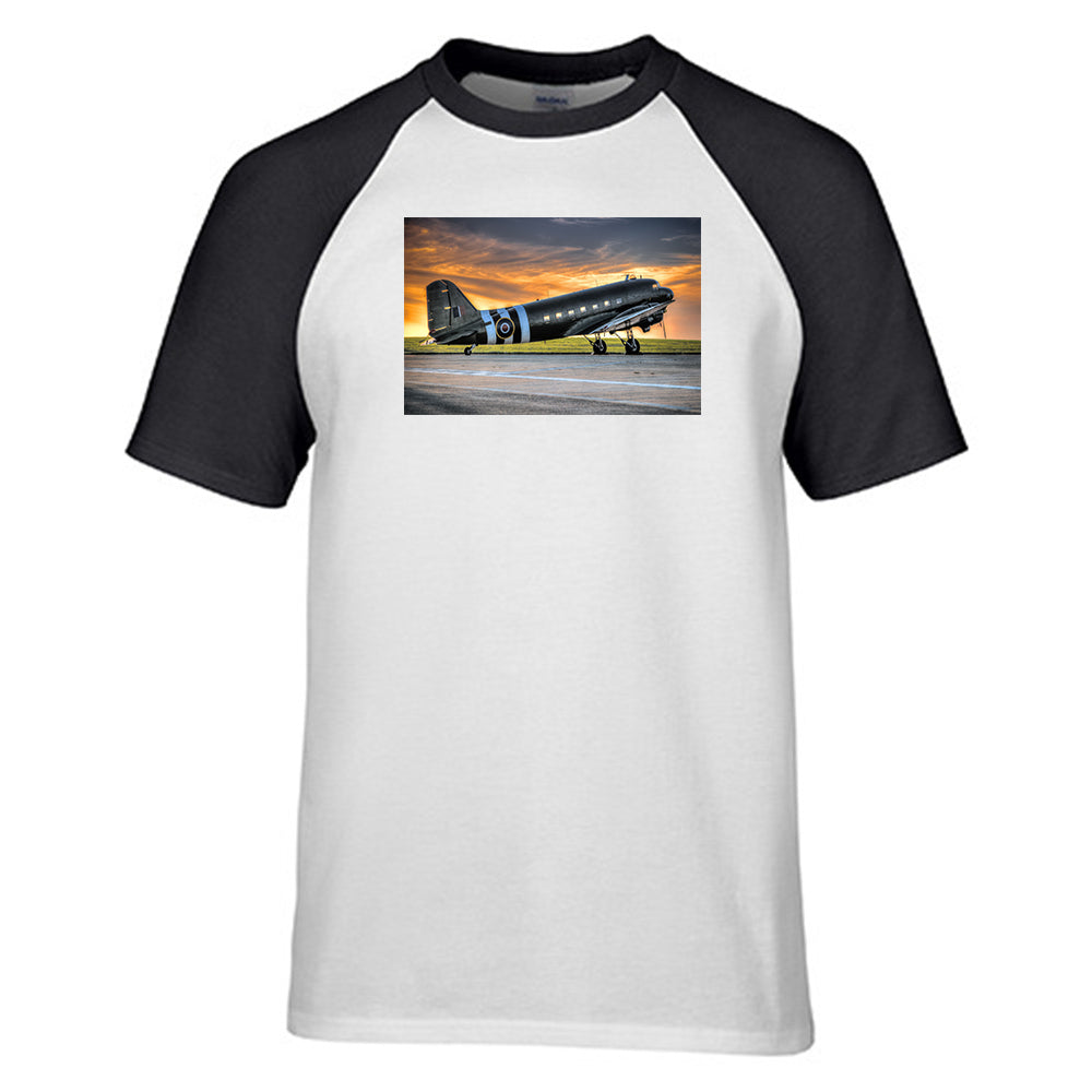 Old Airplane Parked During Sunset Designed Raglan T-Shirts