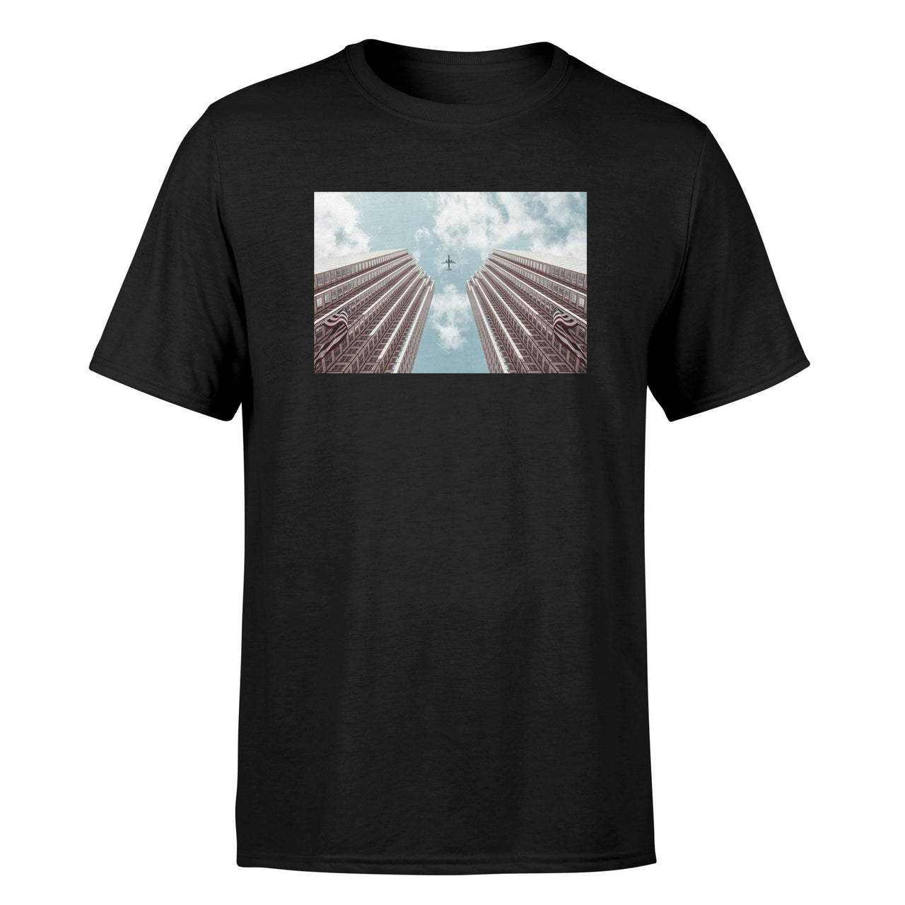 Airplane Flying over Big Buildings Designed T-Shirts