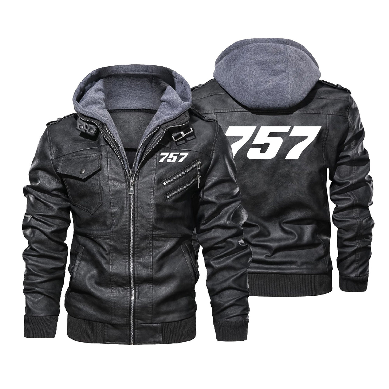 757 Flat Text Designed Hooded Leather Jackets