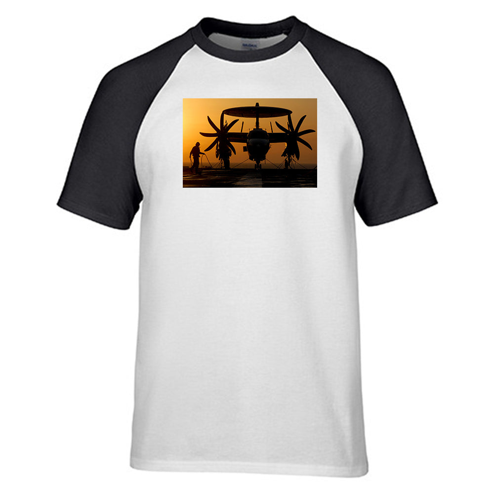 Military Plane at Sunset Designed Raglan T-Shirts