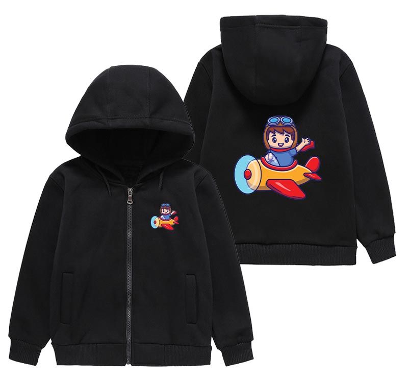 Cute Boy Driving Plane Cartoon Designed "CHILDREN" Zipped Hoodies