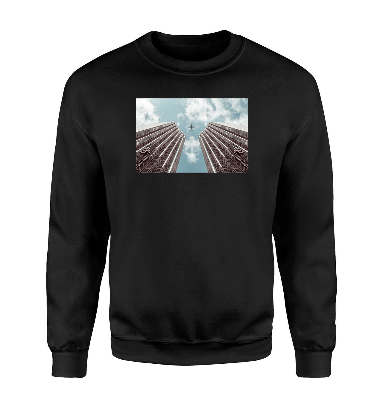 Airplane Flying over Big Buildings Designed Sweatshirts