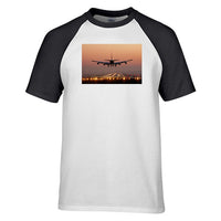 Thumbnail for Landing Boeing 747 During Sunset Designed Raglan T-Shirts