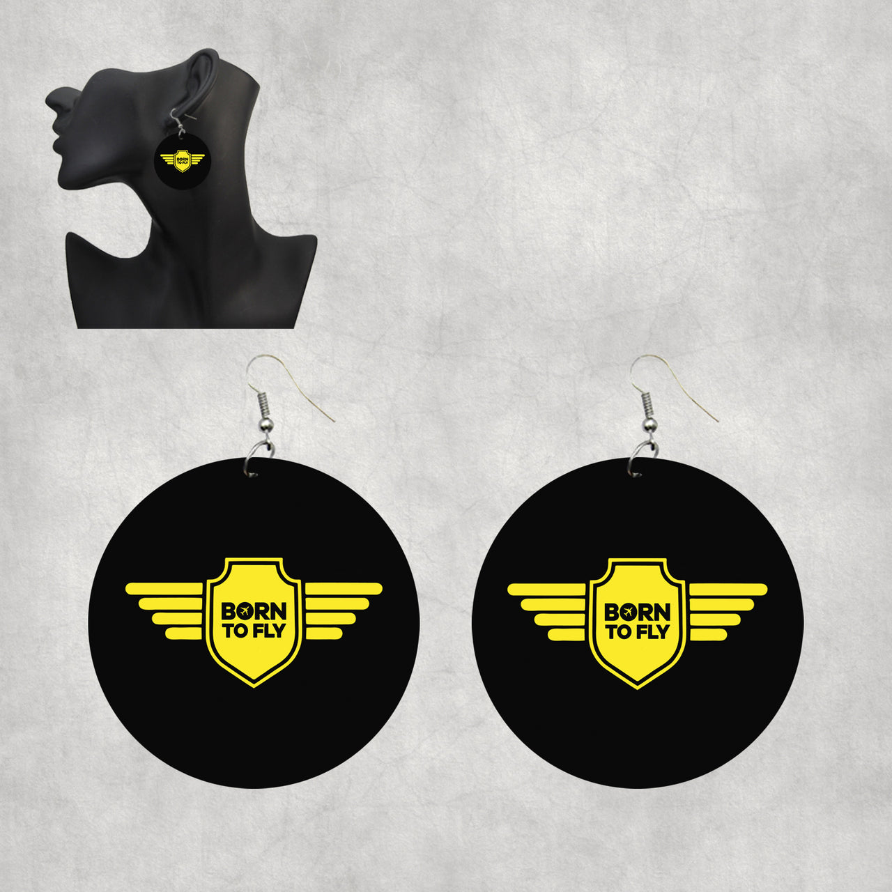 Born To Fly & Badge Designed Wooden Drop Earrings
