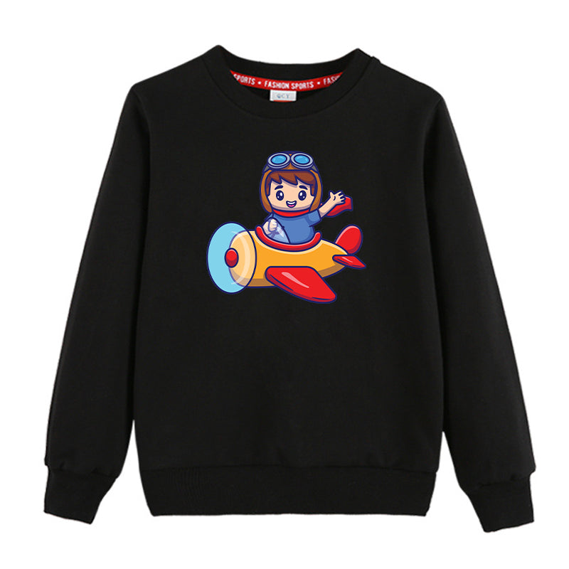 Cute Boy Driving Plane Cartoon Designed "CHILDREN" Sweatshirts