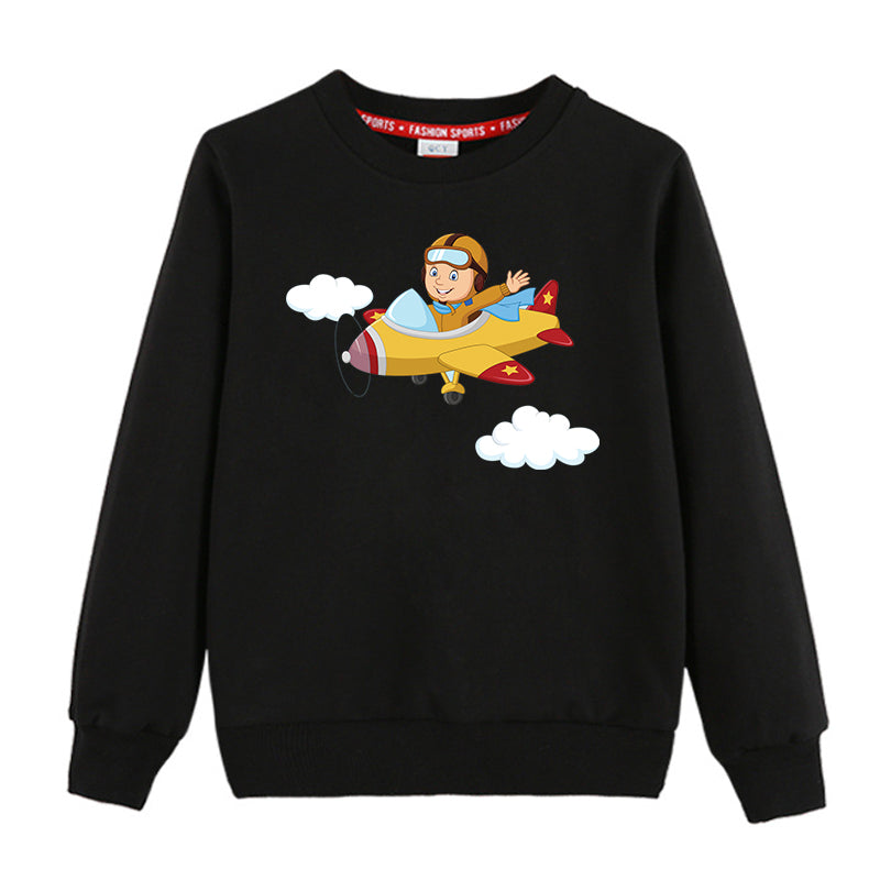 Cartoon Little Boy Operating Plane Designed "CHILDREN" Sweatshirts