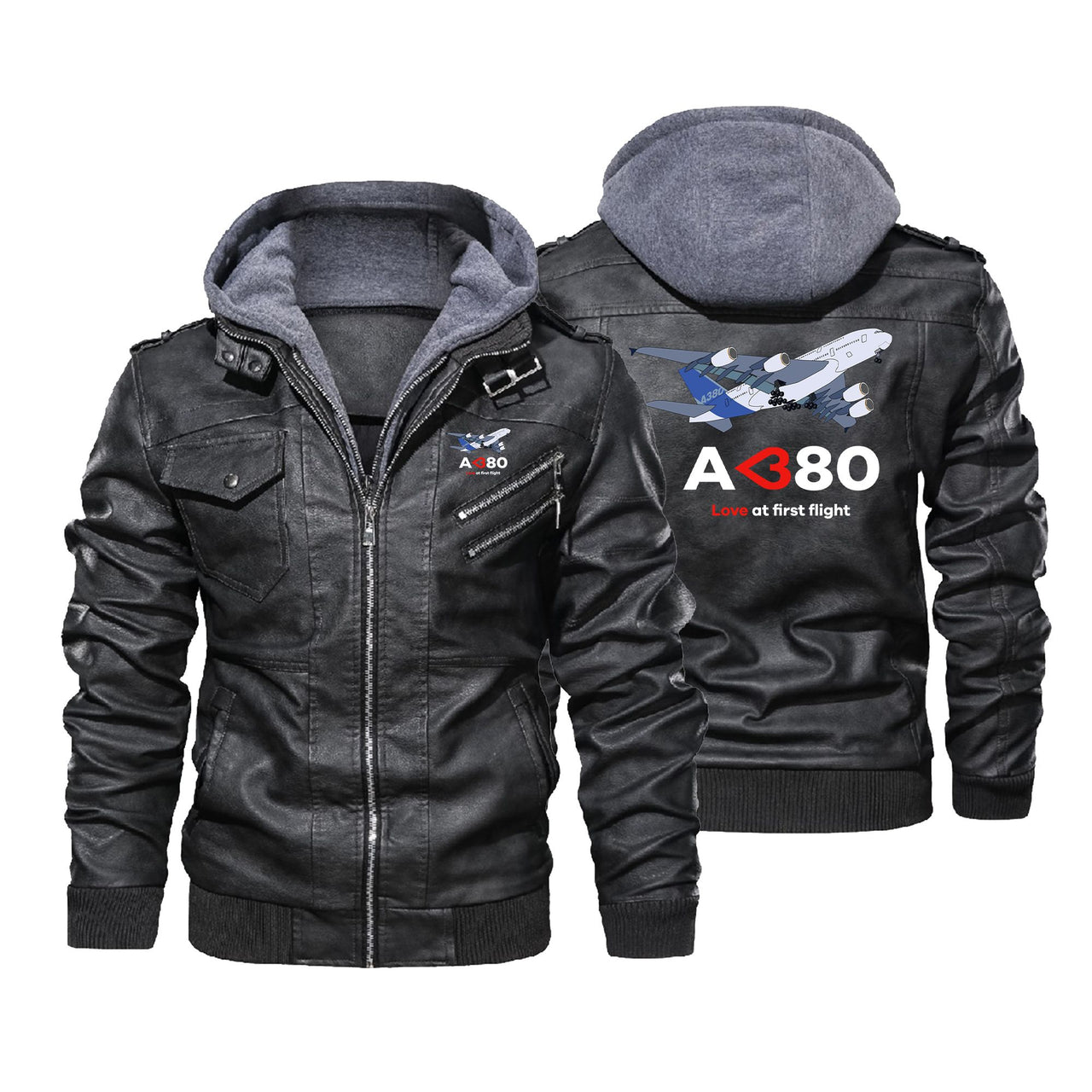Airbus A380 Love at first flight Designed Hooded Leather Jackets