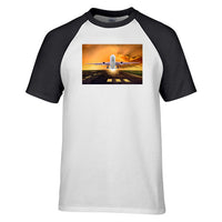 Thumbnail for Amazing Departing Aircraft Sunset & Clouds Behind Designed Raglan T-Shirts