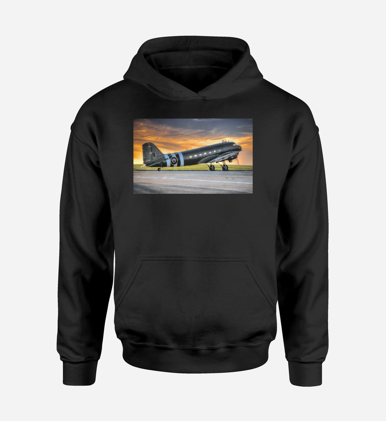 Old Airplane Parked During Sunset Designed Hoodies